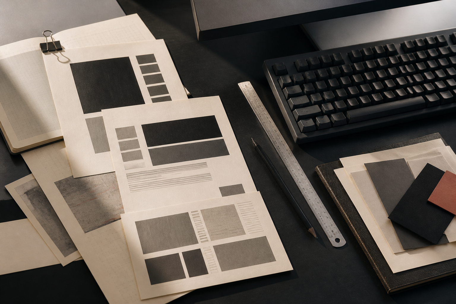 Arbeitsplatz mit gedruckten Website Entwürfen, Tastatur und Gestaltungswerkzeugen